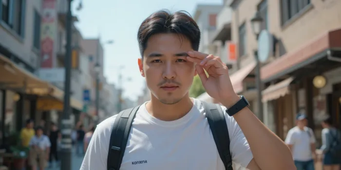 여름 햇빛 아래 도심을 걷다 땀을 닦는 남성의 모습