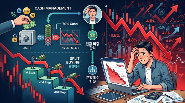 코스피 폭락 시 개인투자자의 손실 관리 전략과 분할매수 및 현금 비중 관리 방법 설명 이미지