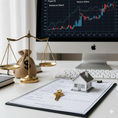 부동산 서류 위에 놓인 집 열쇠와 균형 잡힌 저울을 통해 상생임대인 제도의 절세 혜택과 공정성을 표현한 사진