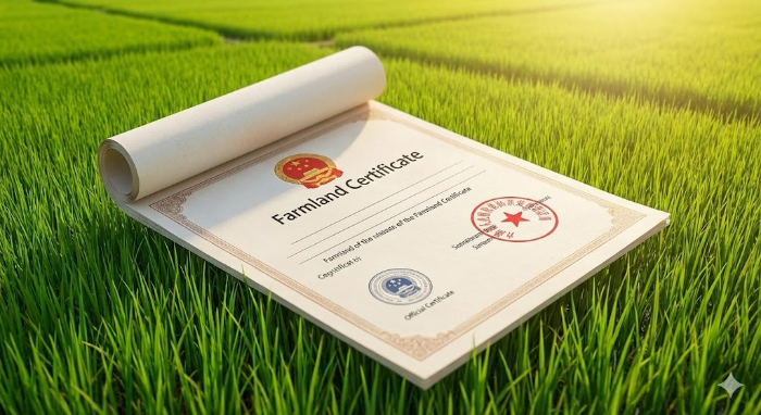 'Farmland Certificate' 문구와 함께 푸른 농지 배경 위에 도장이 찍힌 서류가 놓여 있는 모습. 신뢰감을 주는 이미지.