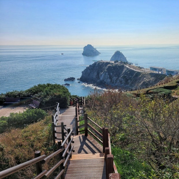 부산 이기대 해안산책로의 나무 데크길과 푸른 바다, 멀리 보이는 오륙도 풍경