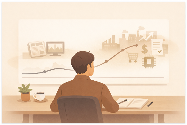 주가가 현재 뉴스보다 미래 기대를 먼저 반영하는 개념을 표현한 2D 일러스트