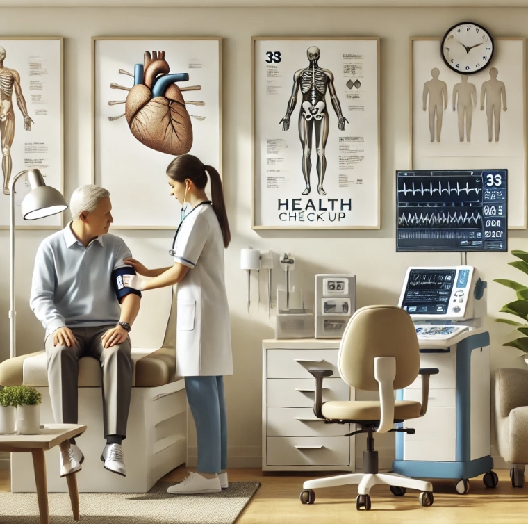 건강 검진을 위해 병원에서 진찰하는 환자와 의사 사진