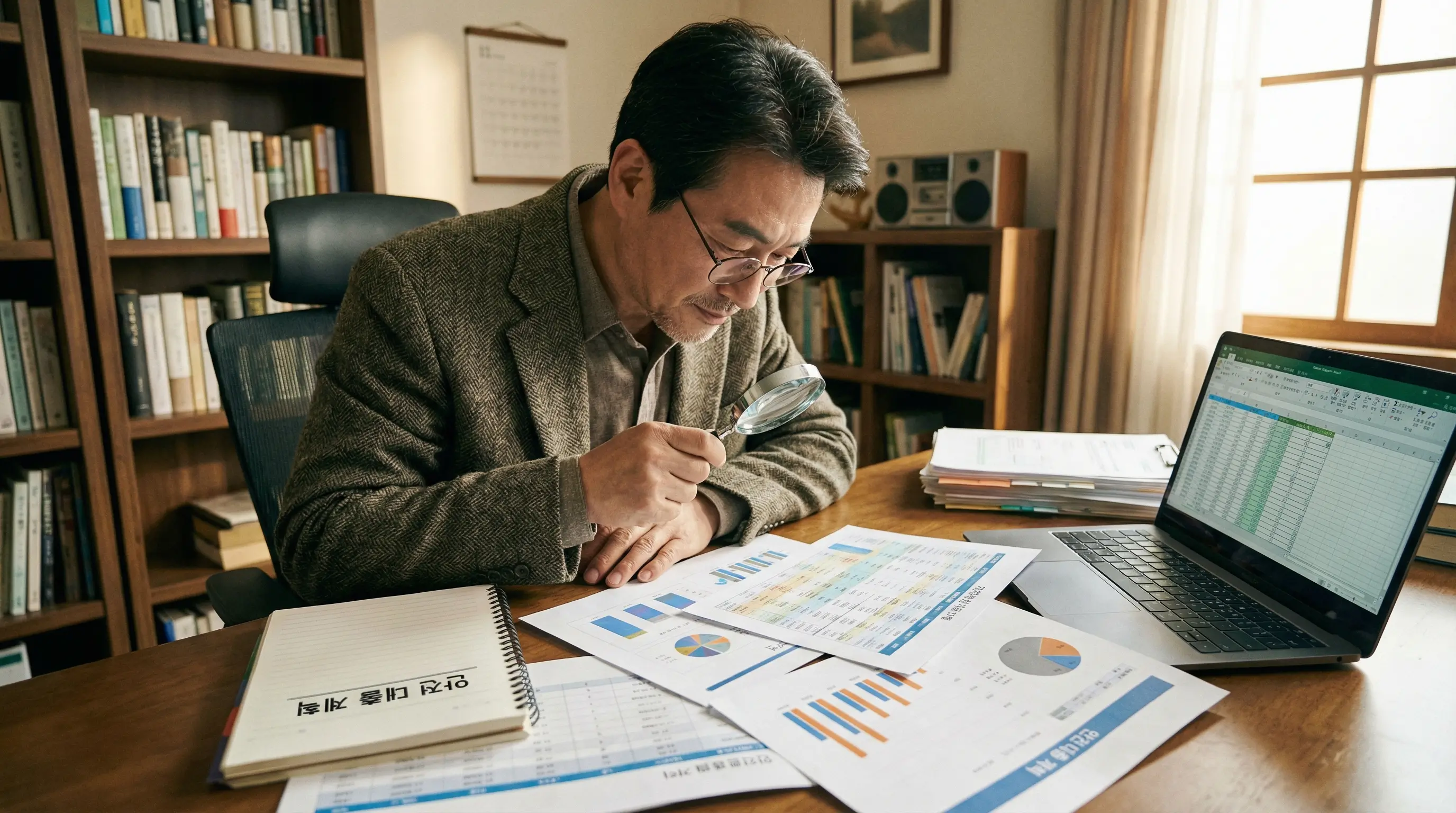 돋보기로 금융 정보를 꼼꼼히 살피고 안전한 대출 계획을 세우는 신중한 모습