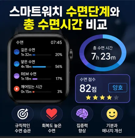 마트워치 수면단계와 총 수면시간을 비교한 수면기록 인포그래픽