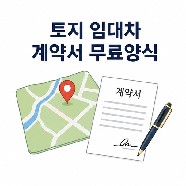토지 지도와 계약서, 펜을 함께 배치해 토지 임대차 계약서 무료양식을 설명하는 대표 이미지