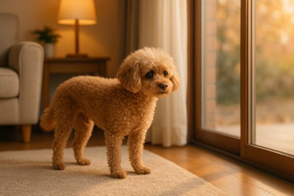 갈색 푸들 노령견이 창가에서 보호자를 기다리며 불안하게 서성이는 모습