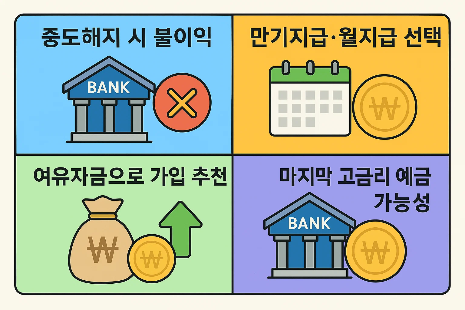 중도해지 시 불이익, 만기·월지급 선택, 여유자금 활용, 마지막 고금리 예금 가능성 등 가입 전 유의사항을 정리한 2025년 기준 인포그래픽