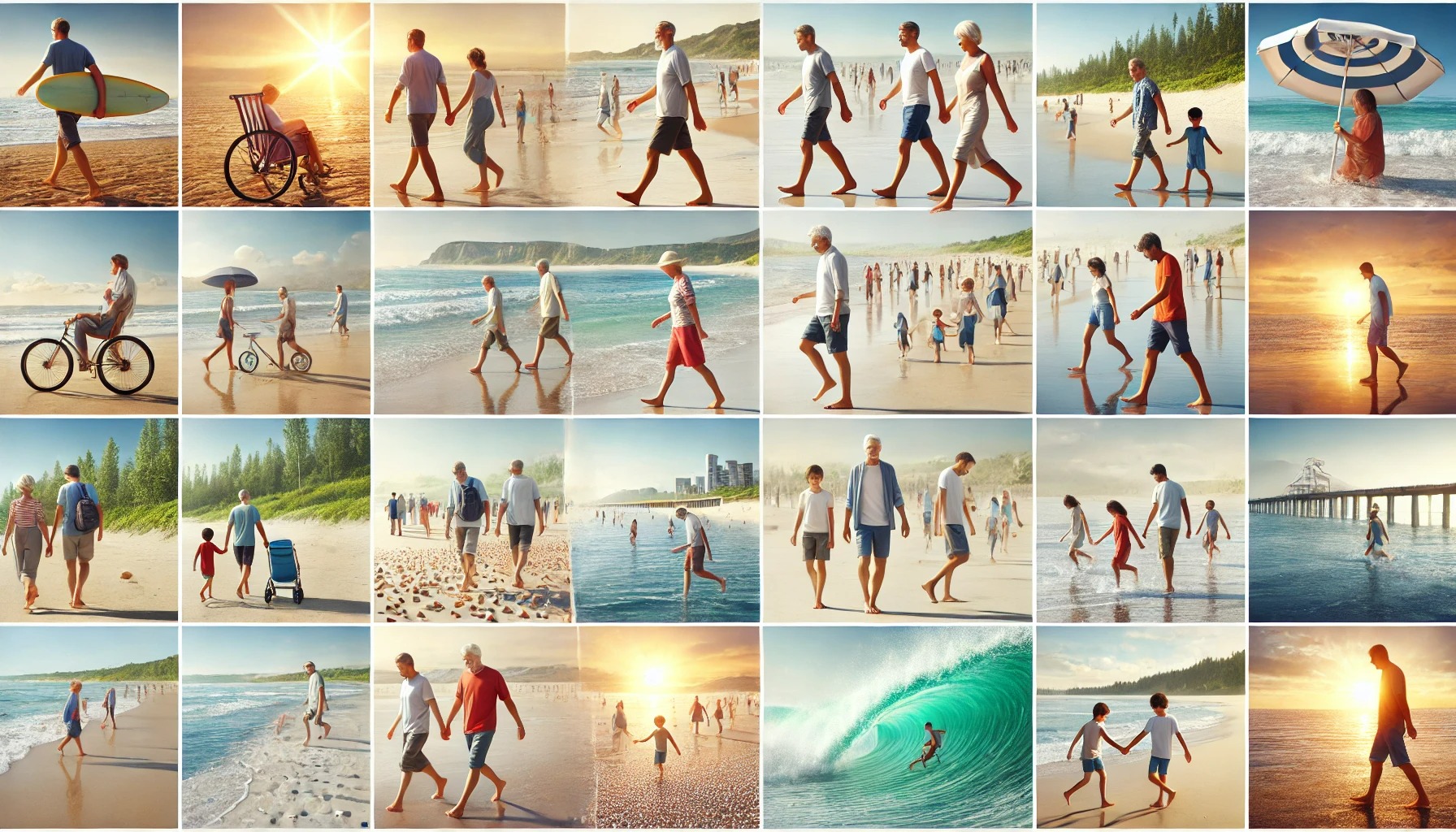 해변에서 맨발걷기하는 사람들