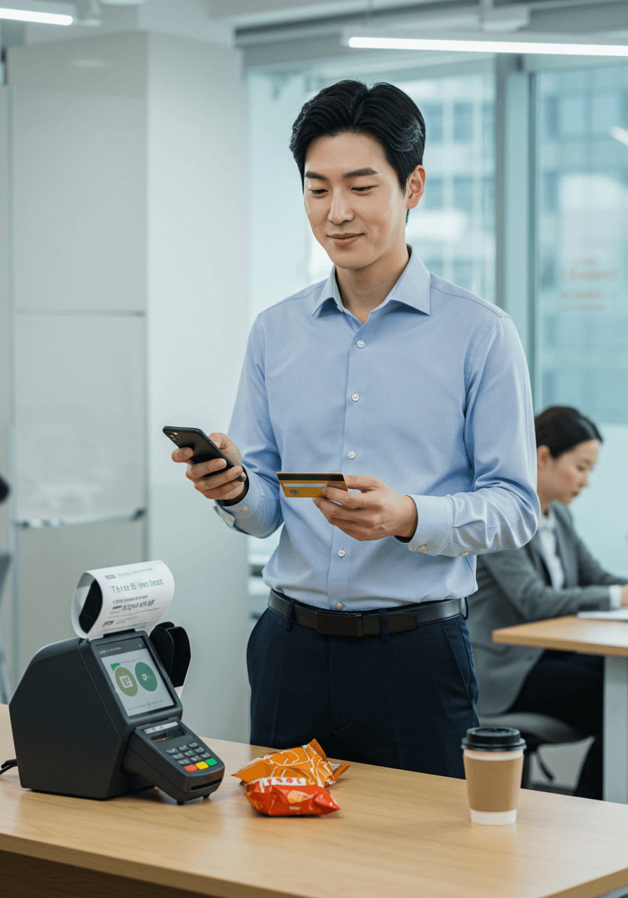 카드 결제를 하며 스마트폰으로 상생페이백 환급 알림을 확인하는 한국인 직장인 남성