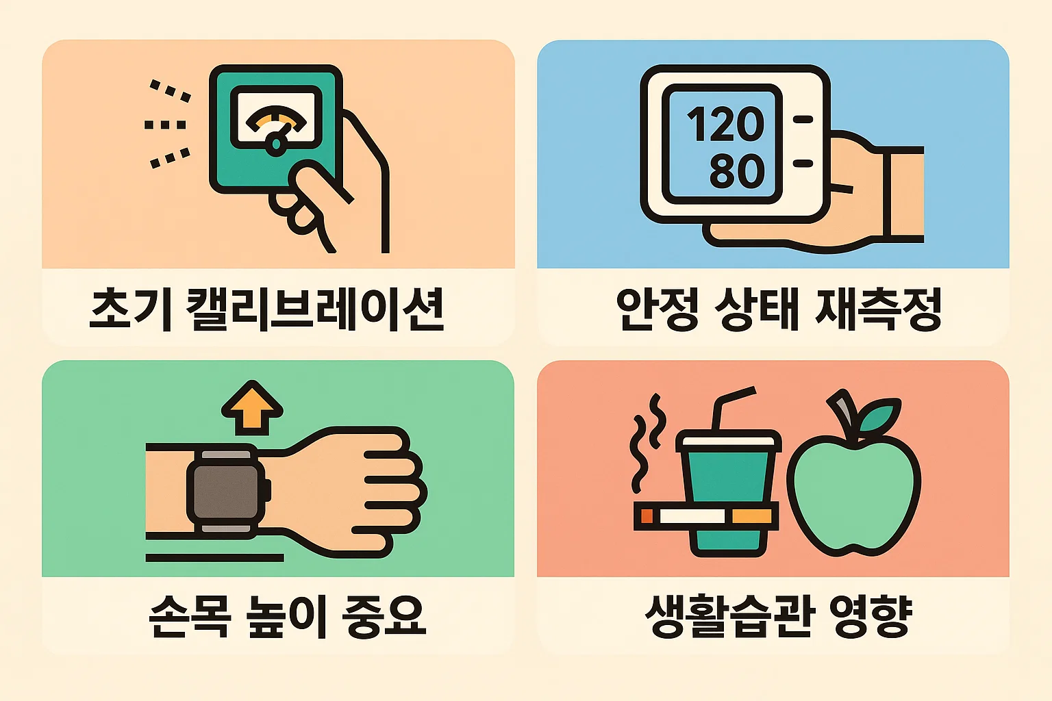 스마트워치 혈압측정 시 정확도를 높이는 핵심 포인트를 시각적으로 정리한 인포그래픽입니다.