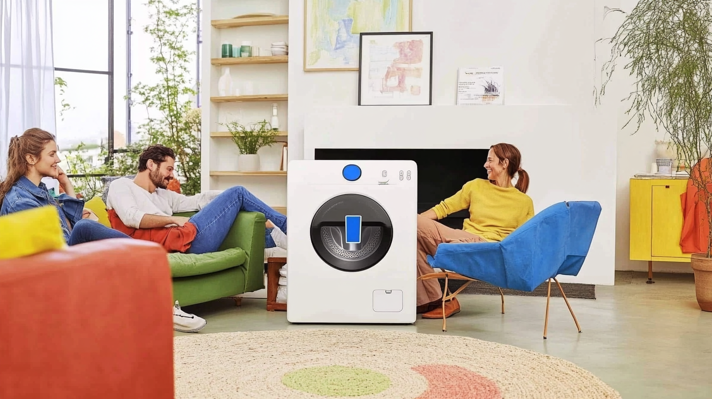 삼성 비스포크 AI 세탁기가 조용히 작동하여, 바쁜 가정의 사람들이 편안히 쉬고 있는 배경 이미지, 소음 감소 특성을 강조.