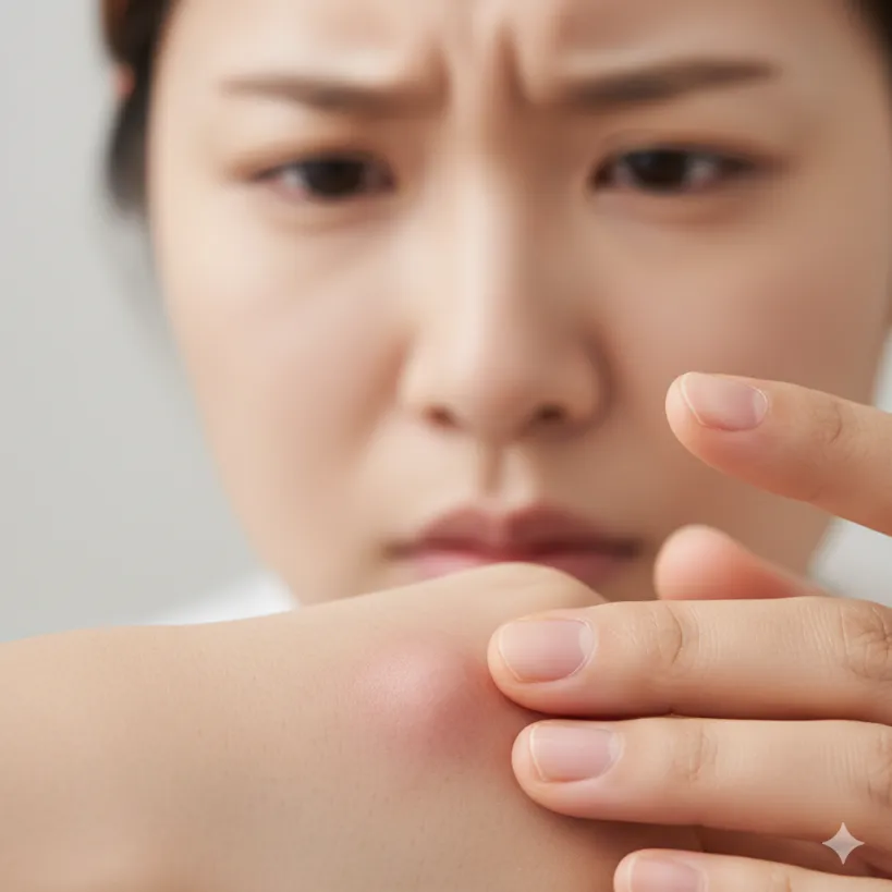 피지낭종으로 보이는 피부의 작은 혹을 손으로 만지며 걱정하는 모습.
