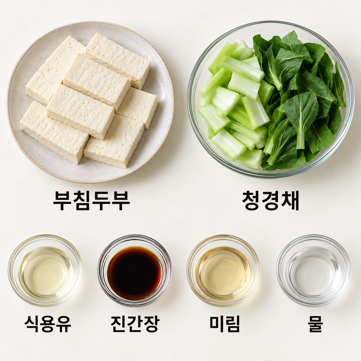 부침두부, 청경채, 식용유, 진간장, 미림, 물을 한글 이름표로 정리한 재료 모음