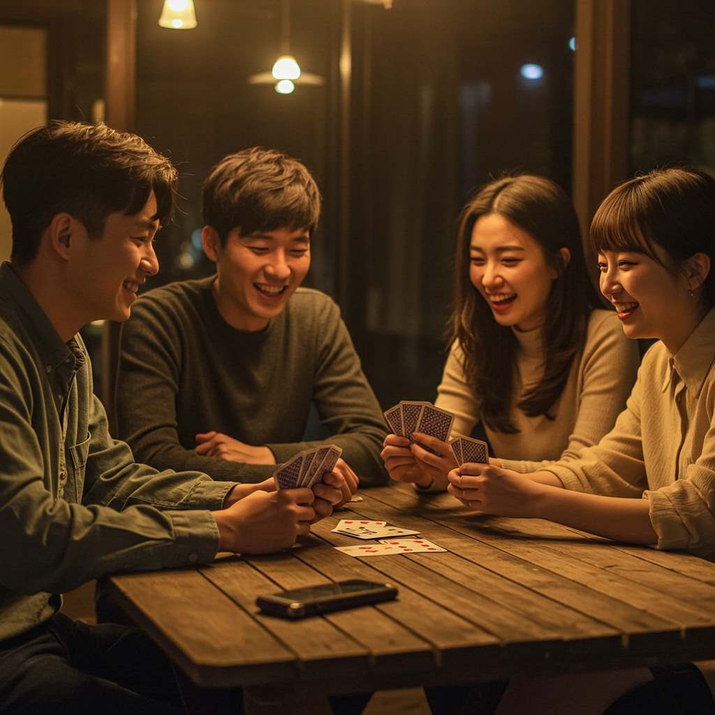 친구들이 원카드 게임을 하며 웃고 있는 현실적인 장면, 일반 트럼프 카드로 즐기는 모습, 따뜻한 조명 분위기