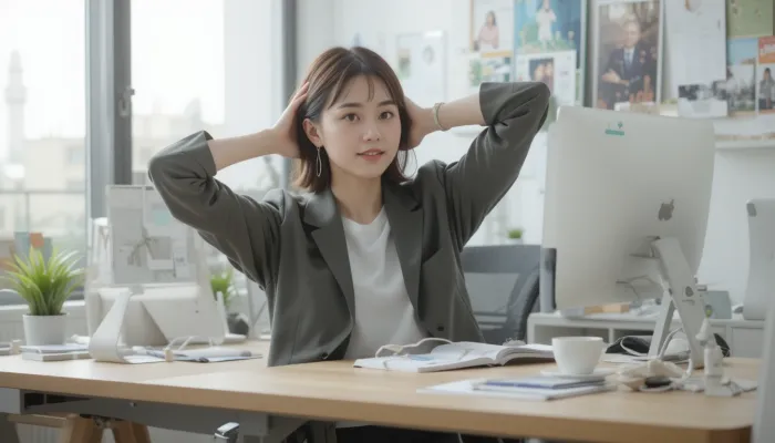 어깨 통증 예방 스트레칭을 책상에서 실천하는 여성