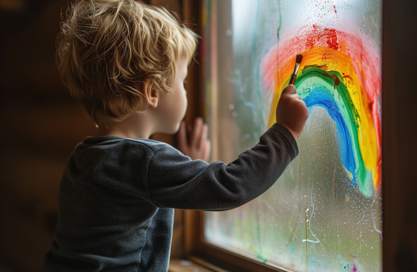 창문에 무지개를 그리는 아이