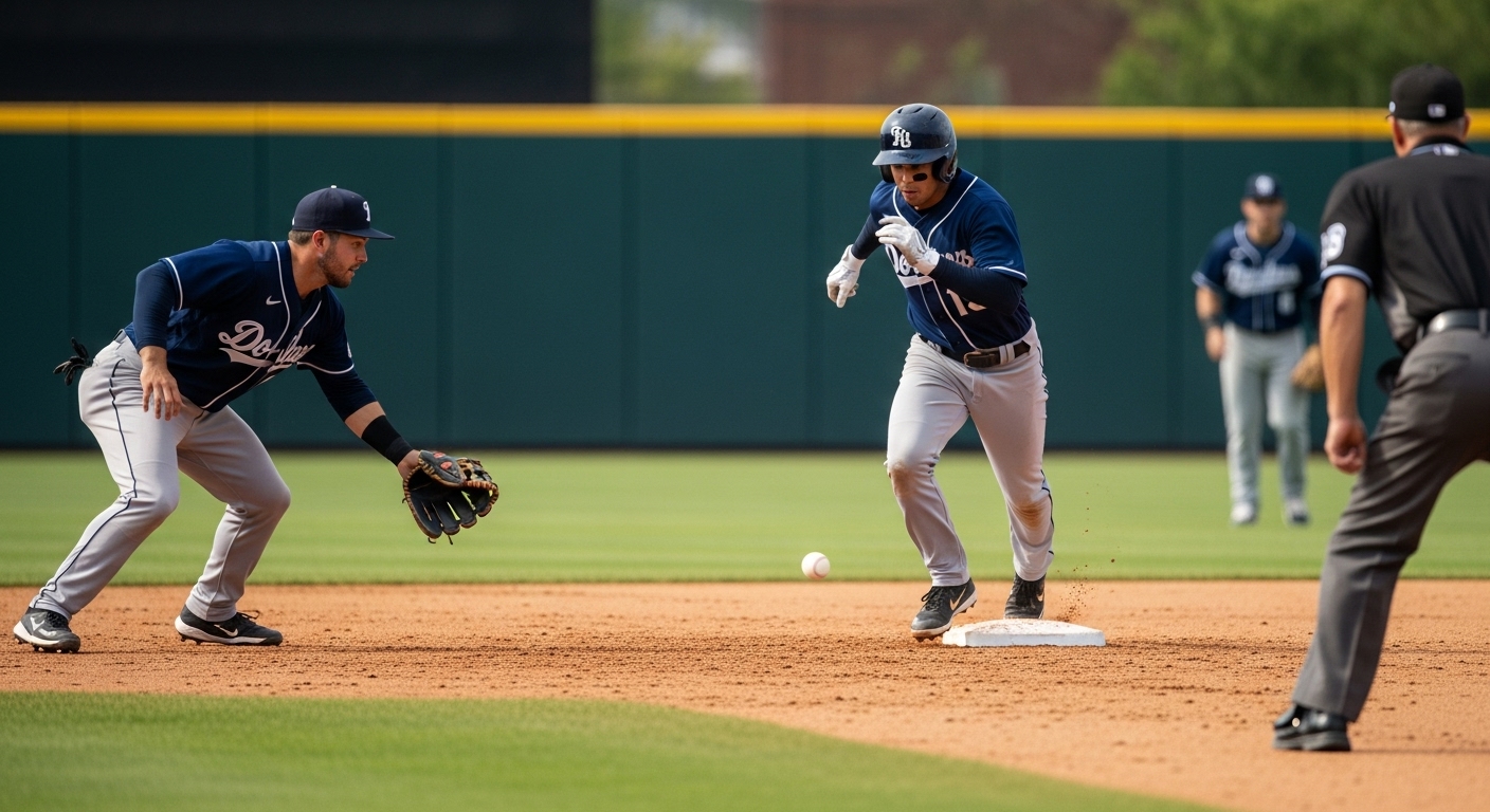 야구 선수가 세이프티 번트를 성공시켜 1루로 전력 질주하는 역동적인 장면. 전략적 번트의 중요성을 보여줍니다.