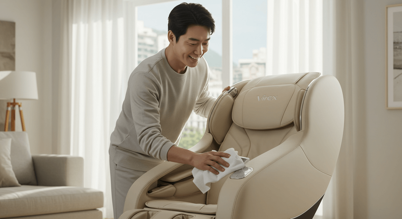 아이보리 안마의자를 닦으며 관리하는 남성 모습 2