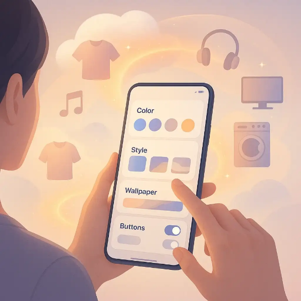 주변에는 의류, 가전제품, 음악 등 일상 아이콘이 떠 있어 개인화된 디지털 환경을 상징하는 감성적 일러스트