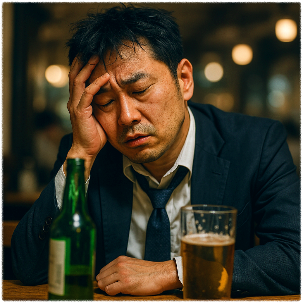 과도한 업무와 음주로 피로가 쌓여가는 직장인의 모습 이미지