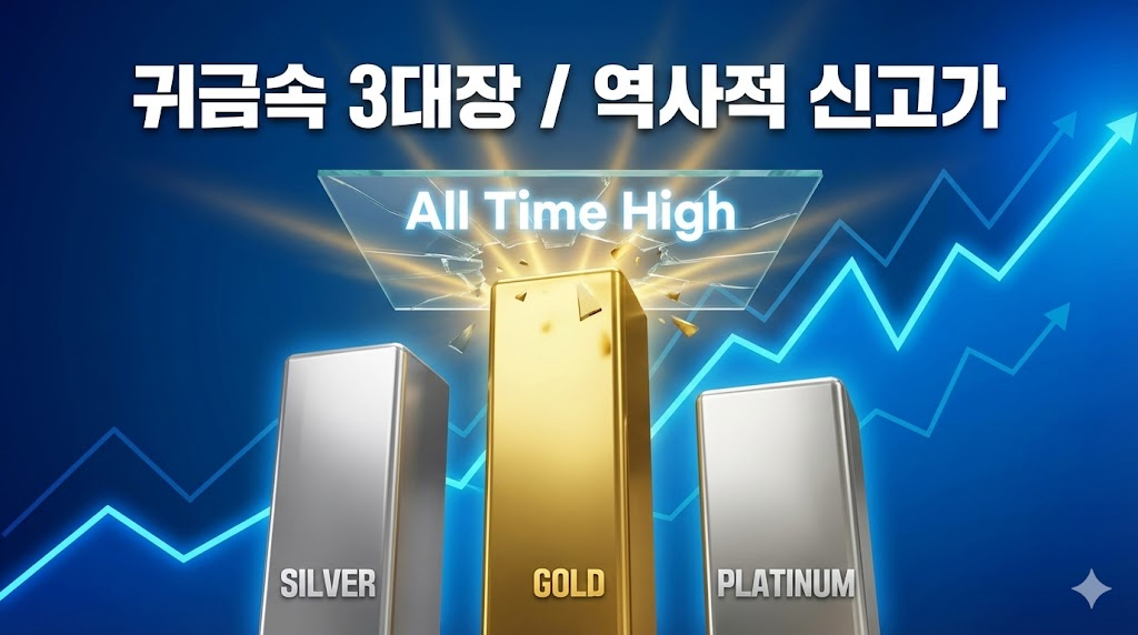 금, 은, 백금 가격의 동반 상승을 나타내는 3D 그래프 이미지