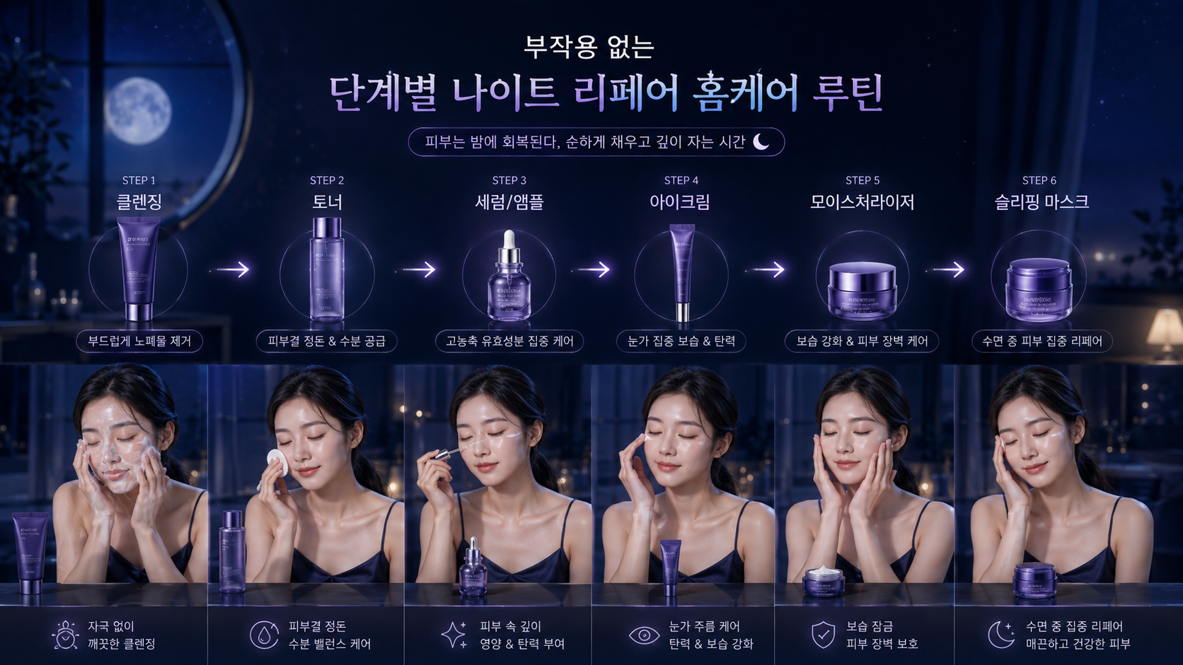 클렌징부터 슬리핑 마스크까지 부작용 없는 단계별 나이트 리페어 홈케어 루틴을 순서대로 보여주는 야간 스킨케어 이미지