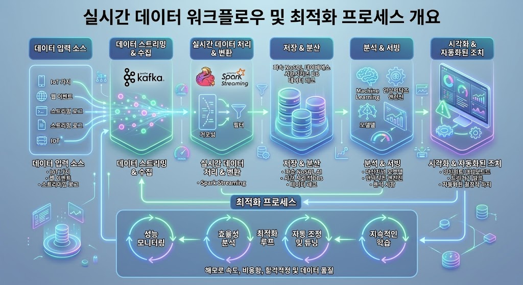 실시간 데이터 스트리밍 처리 및 성능 지연 최소화를 위한 단계별 워크플로우와 최적화 알고리즘 비교 도식