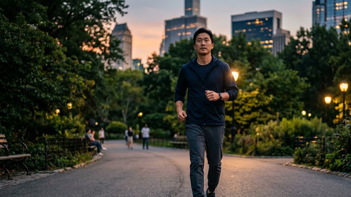 해 질 무렵 공원을 빠르게 걷는 남성