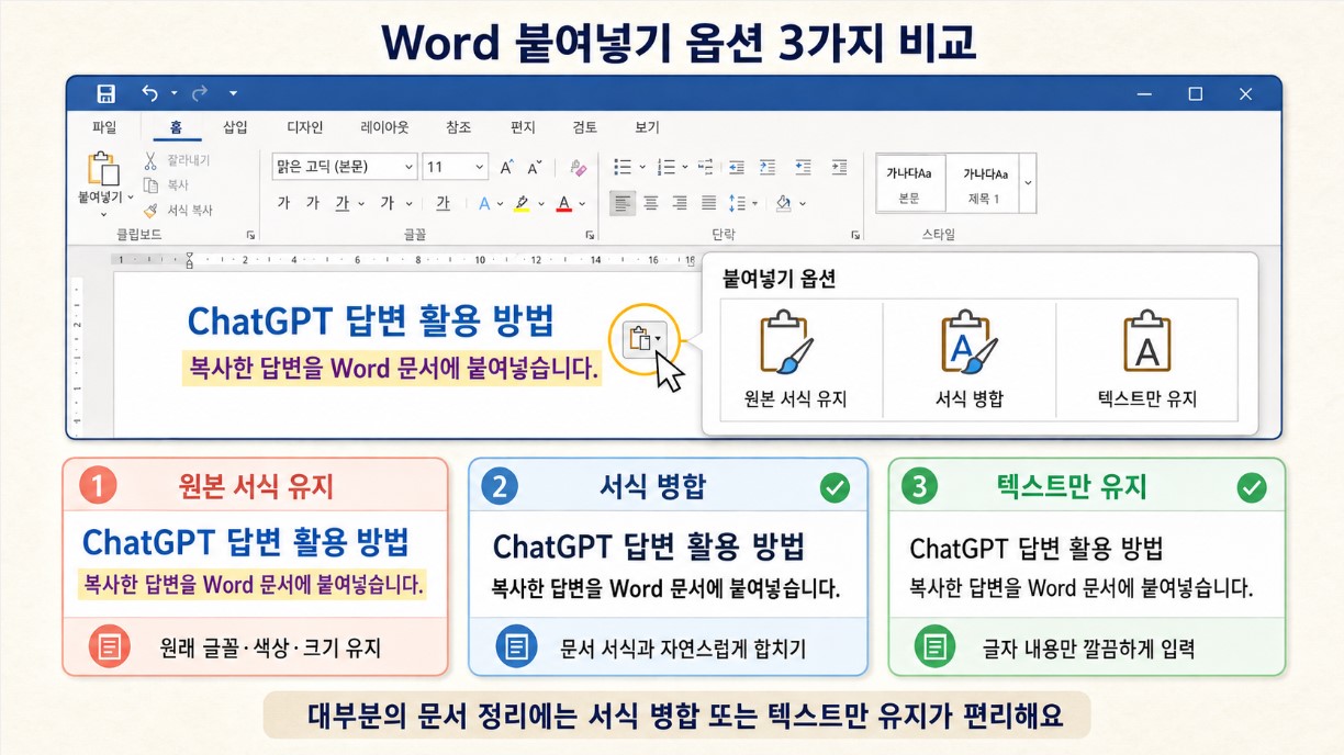 Word 붙여넣기 옵션의 세 가지 선택 화면
