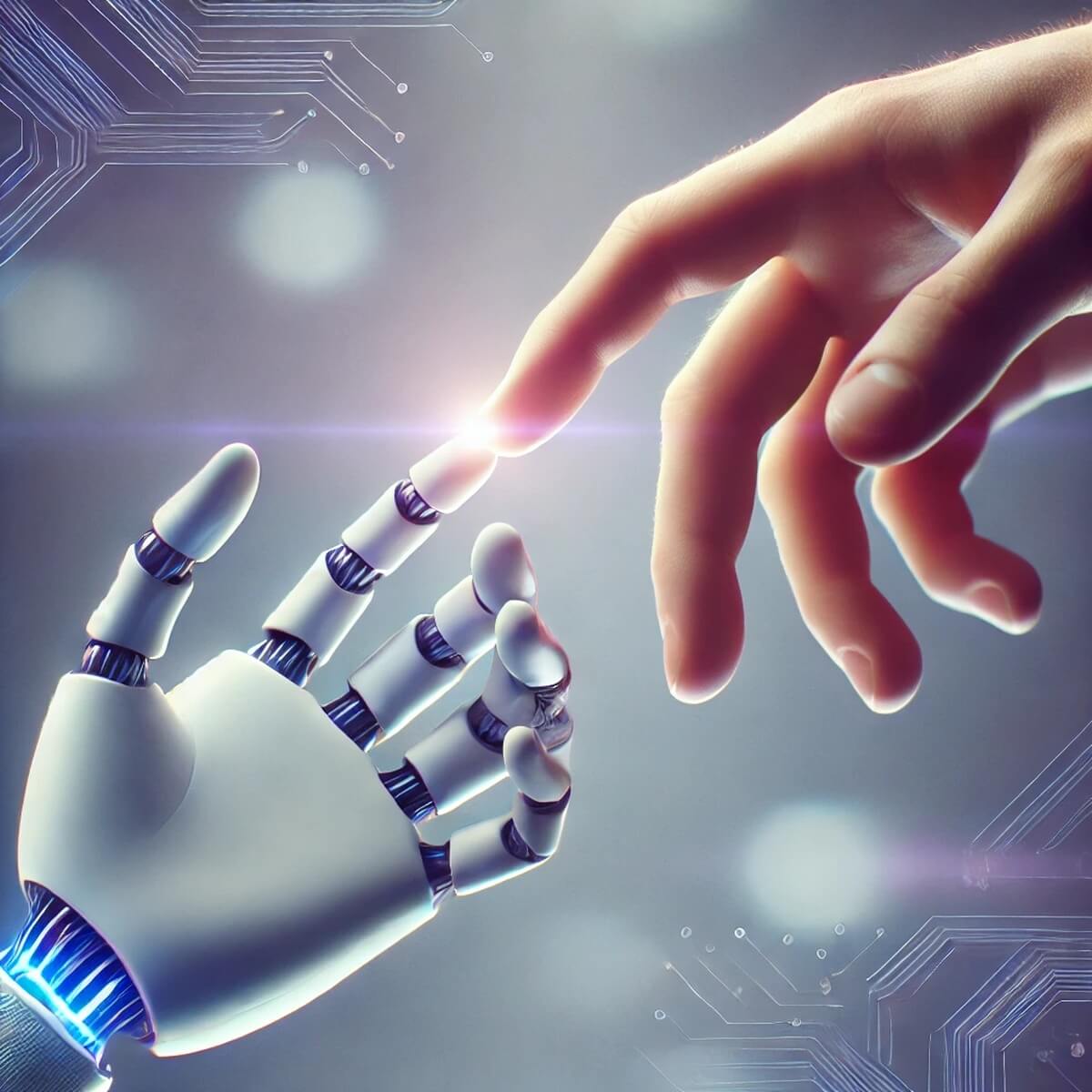 AI 로봇과 인간 손이 맞닿는 연출 이미지