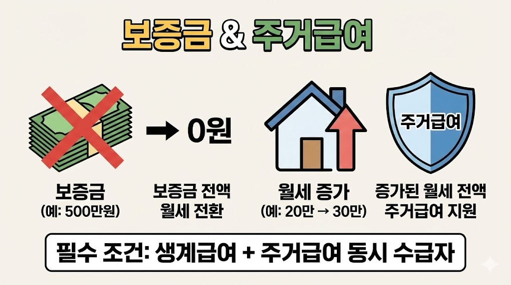 서류와 계산기를 든 손이 보증금 0원이라는 글자를 가리키는 밝은 분위기의 사진