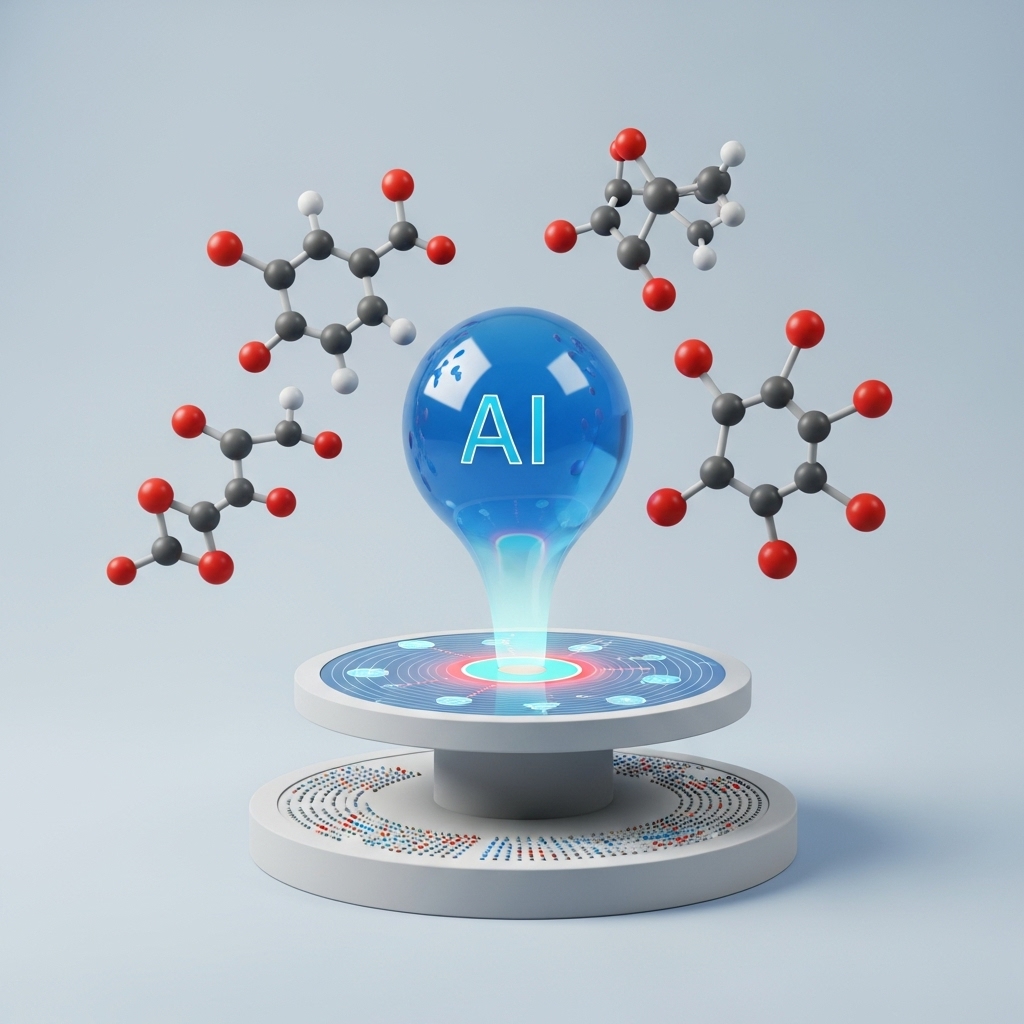 인공지능이 3D 분자 구조를 분석하며 신약 후보 물질을 빠르게 발굴하는 모습