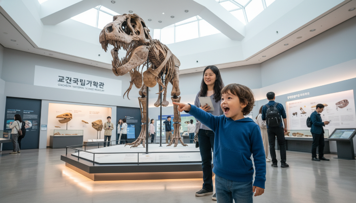 국립과천과학관 공룡 전시실에서 신기해하는 아이의 뒷모습