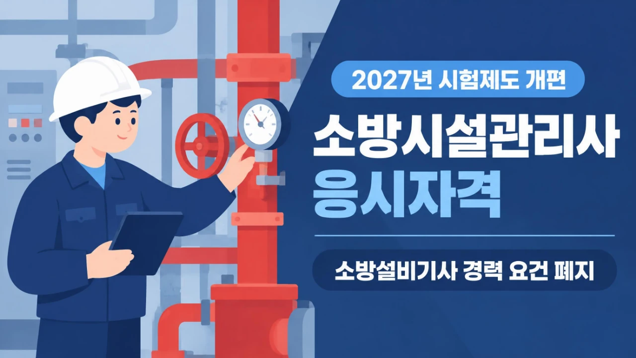 2027년 소방시설관리사 응시자격 변경을 안내하는 소방시설 점검 현장과 소방설비기사 경력 요건 폐지