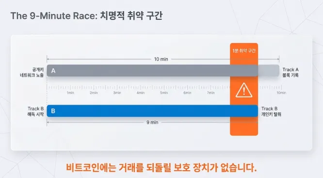 비트코인 거래 확인 10분과 양자컴퓨터 해독 9분의 시간적 겹침을 시각화한 타임라인 다이어그램. 공개키가 네트워크에 노출되는 순간부터 블록에 기록되기까지의 1분 취약 구간을 표시하며 양자컴퓨터가 이 구간 내에 개인키를 탈취할 수 있음을 경고. 비트코인에는 거래를 되돌릴 보호 장치가 없다는 메시지 포함 (bitcoin 10-minute block confirmation quantum 9-minute attack vulnerability window)