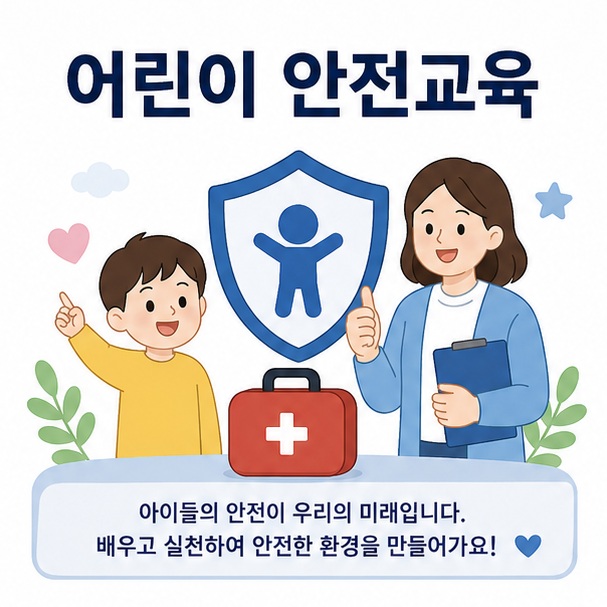 어린이와 교사, 안전 방패와 응급처치 가방을 함께 배치해 어린이 안전교육의 의미를 설명한 대표 이미지