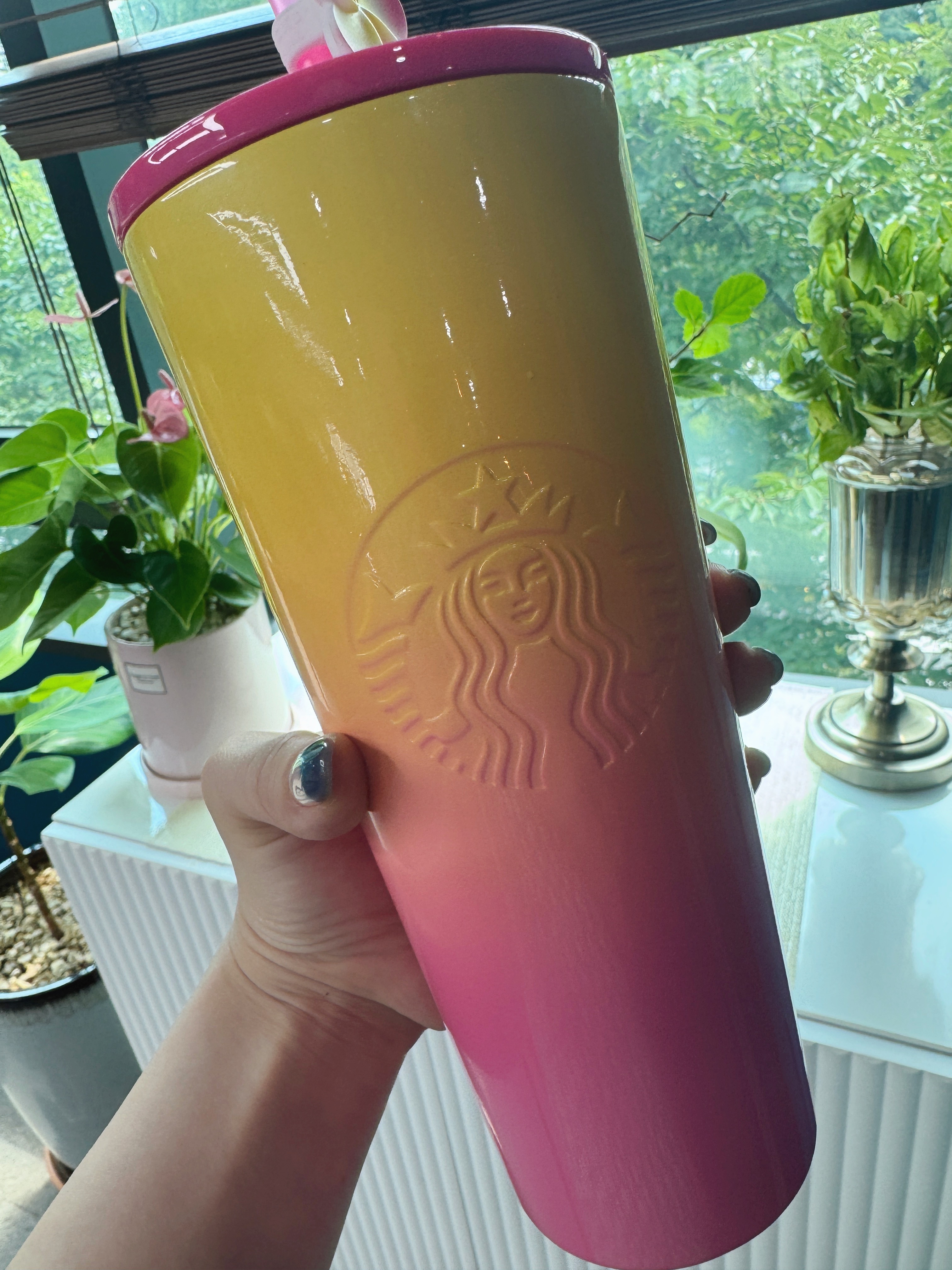 스타벅스 노란 핑크 그라데이션 텀블러를 창가에서 촬영한 사진