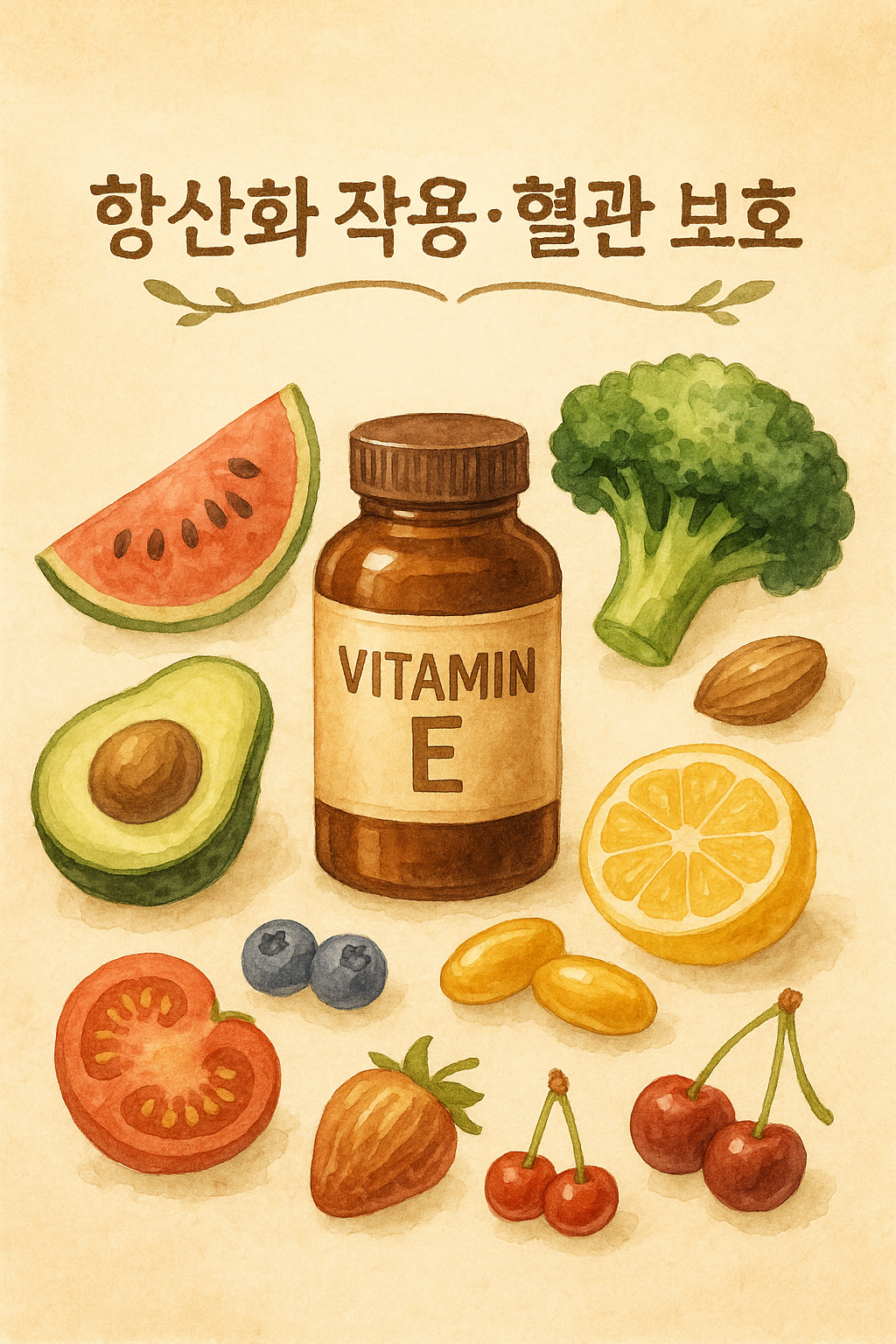 비타민 E가 풍부한 식품으로 아보카도, 수박, 브로콜리, 토마토, 레몬, 블루베리, 딸기, 체리, 아몬드, 비타민E 영양제가 있다.