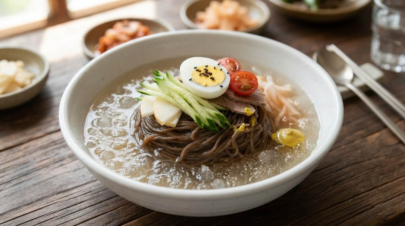 얼음 육수에 담긴 메밀 막국수와 오이, 배, 달걀, 방울토마토, 편육 고명