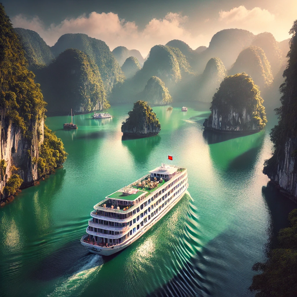 하롱베이의 푸른 바다와 크루즈 보트