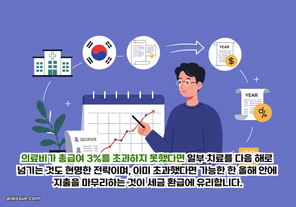 중년 남성이 의료비 지출 계획을 세우며 달력과 건강비용 그래프를 함께 확인하고, 연말정산 공제를 위해 치료 시점을 조정하는 공공기관 스타일 일러스트입니다.
