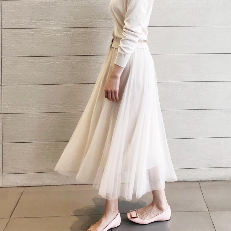 플레어 레이스 롱 샤스커트 쉬폰 밴딩 (검정 화이트 핑크 블랙 베이지) 봄 튤 웨딩 치마