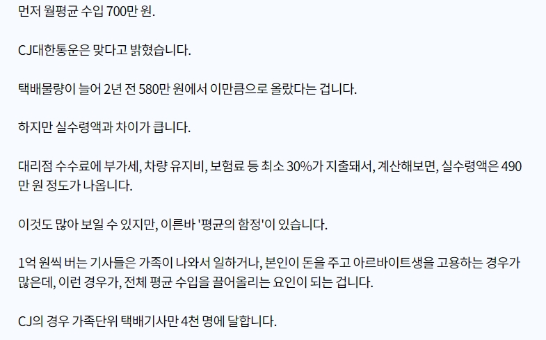 업계 평균 월수입 502만원과 실수령액 350만원 정보