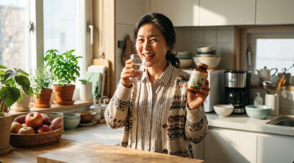 건강한 표정으로 영양제를 챙겨 먹는 중년 인물