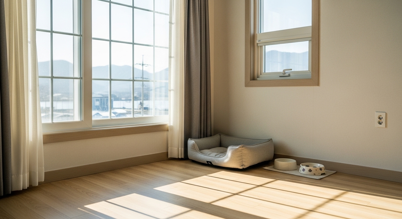 햇살이 들어오는 깔끔한 애견 동반 가능 숙소 내부와 반려동물 전용 침대.