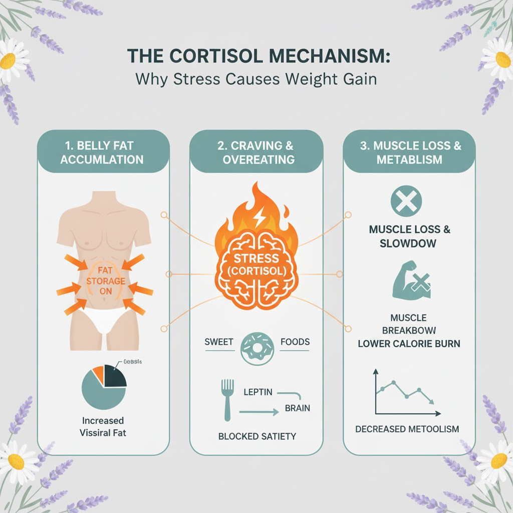 코르티솔 호르몬이 지방 축적 스위치를 켜고 식욕(단 음식)을 폭발시키며 인슐린 저항성을 유발하는 과학적 작용 메커니즘 인포그래픽. 스트레스와 복부 지방 증가의 연결고리를 설명
