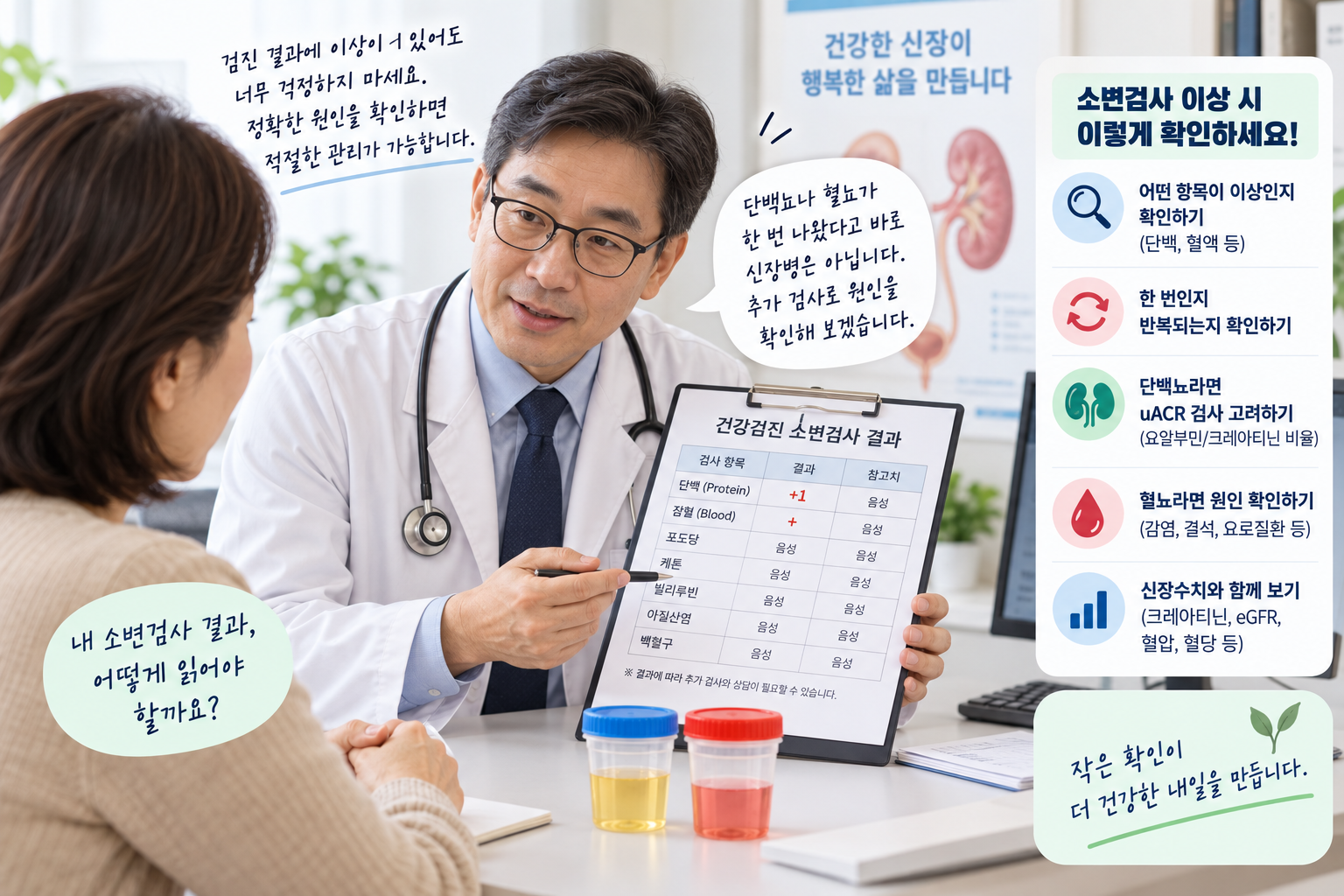 소변검사 결과와 신장 기능·재검 항목 확인 그림