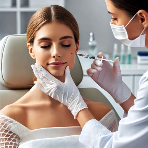 얼굴에 바이오스티뮬레이터 치료를 받고 있는 여자와 의사 사진