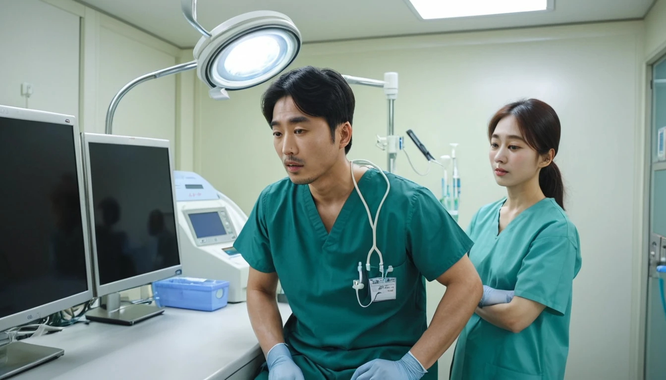 위내시경 검진을 위해 병실에서 대기하는 장면